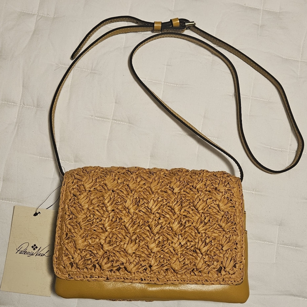 New‎ Patricia Nash Penley Small Leather Crossbody W/ Straw Weave: Mango Color - Picture 5 of 16